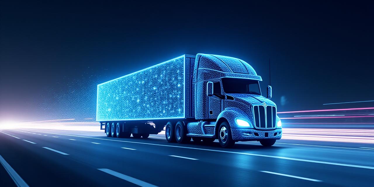 Futuristic logistics data visualization overlaying a modern truck fleet