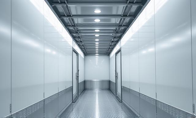 Interior of a clean, modern dry van trailer with logistical tracks
