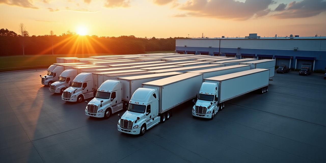 Managed fleet of modern trucks moving through a logistics hub